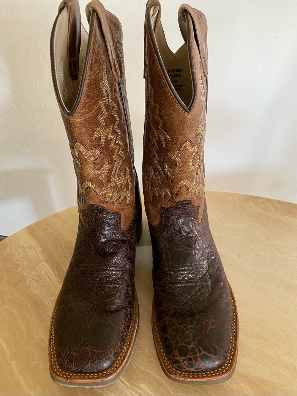 Old West Brown Two-Tone Leather Cowboy Boots with Embroidered Shaft
